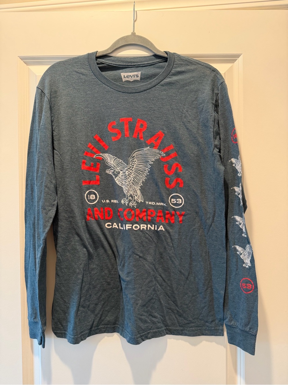 Levi's Men's Long Sleeve Graphic Tee in Slate Blue with Red Print